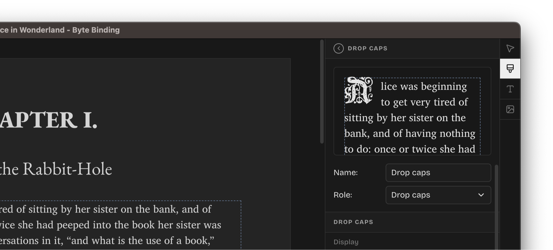 A screenshot of the Drop caps style being edited.