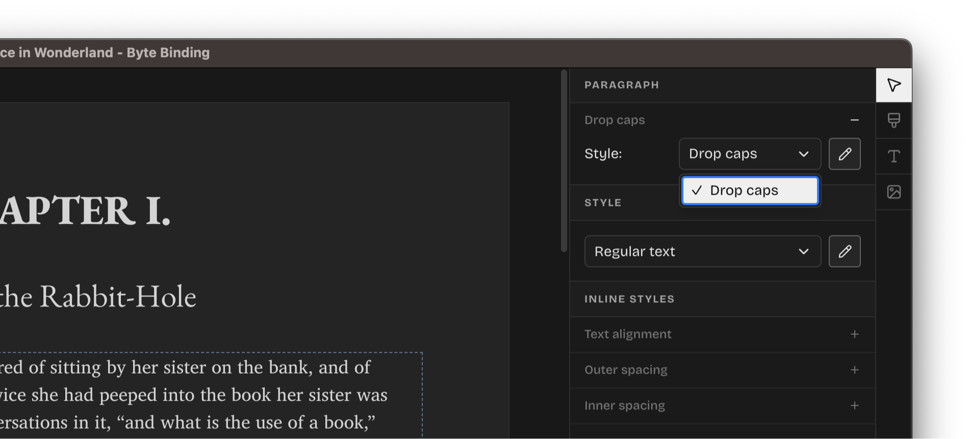 A screenshot of the Drop caps style being applied to a paragraph.