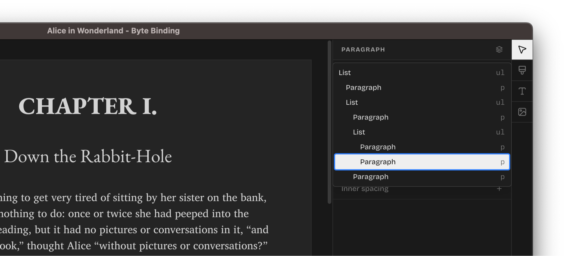 A screenshot of the paragraph element expanded into a tree list of nested elements on the page.