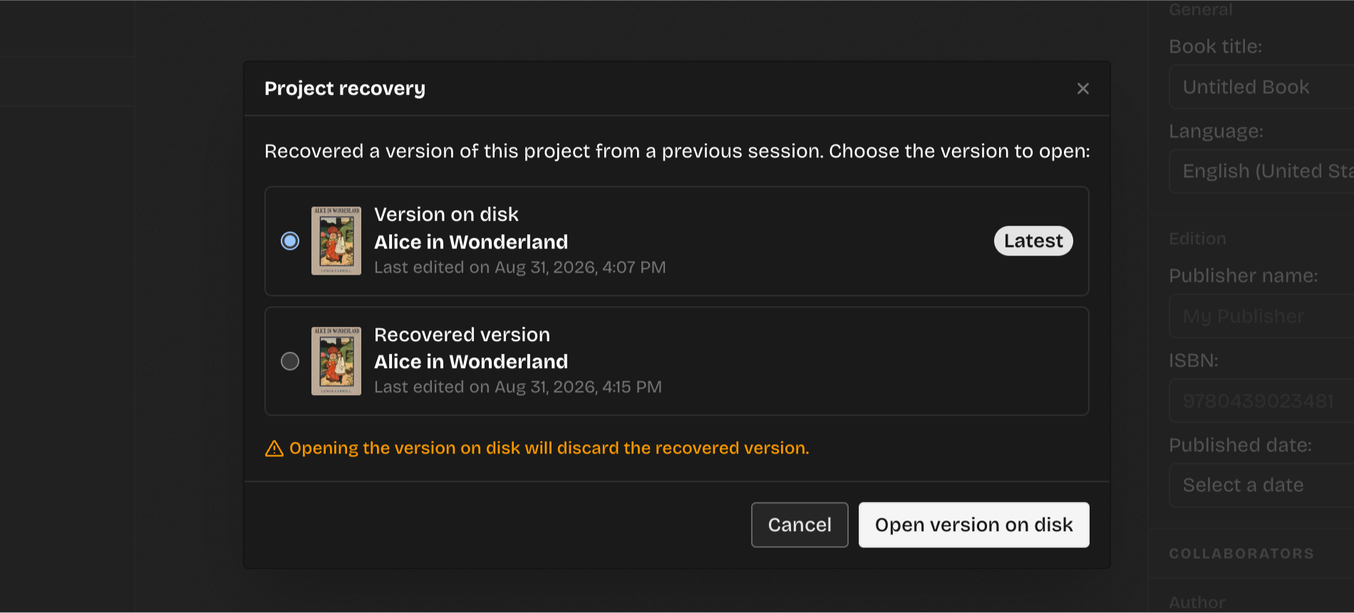A screenshot of the Project recovery dialog presenting you with the choice to open the latest project version on disk or restore the previously crashed session.