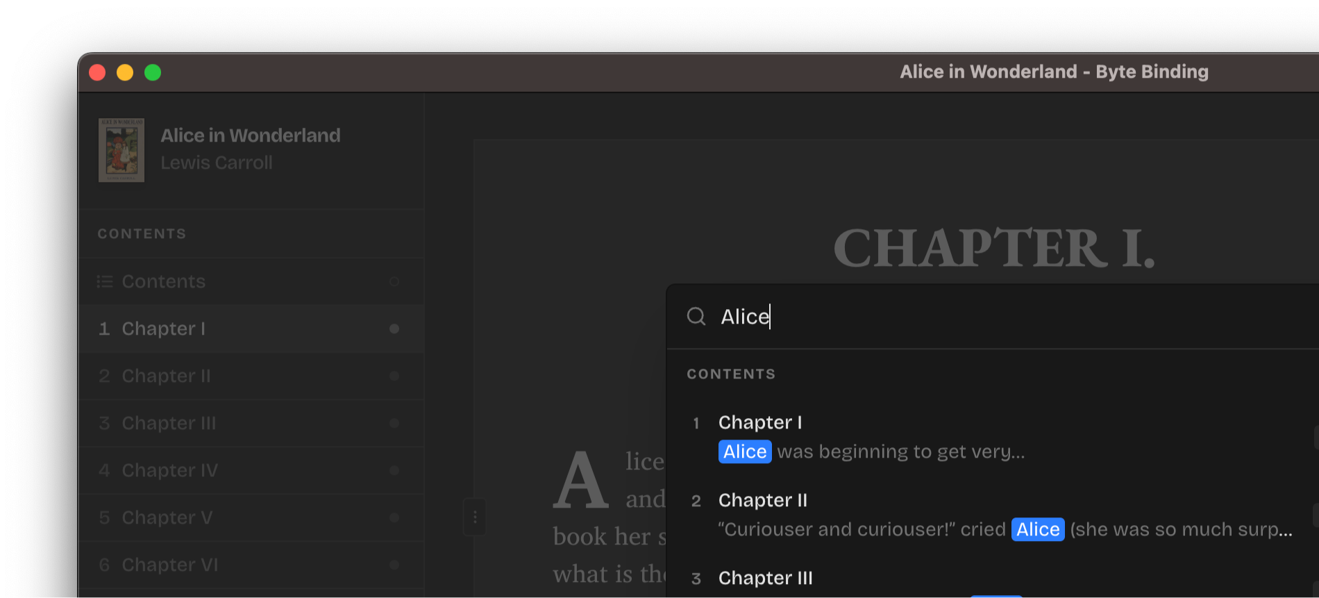 A screenshot of the search panel open over the book's content with the "Alice" text entered into the search field. A list of chapters containing the searched text is displayed below.