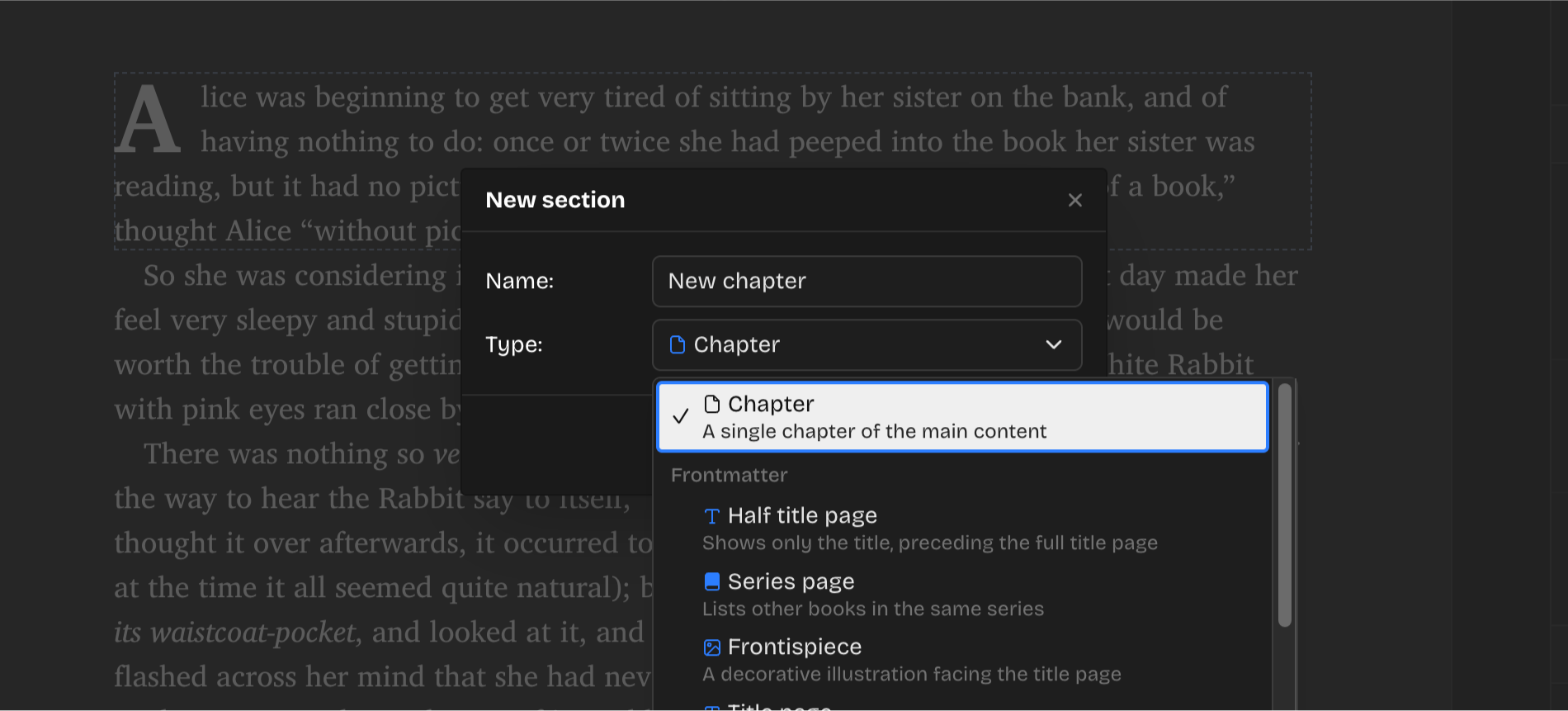 A screenshot of the Section type select listing common EPUB section types.